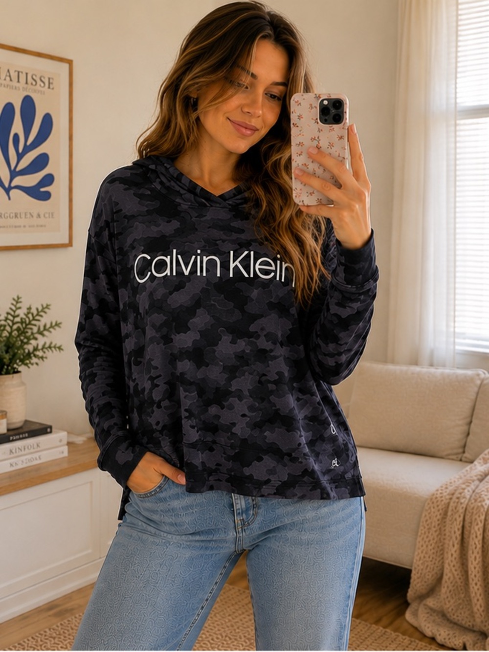 Calvin Klein Camo Spellout Lightweight Hoodie Gray Black Pullover M